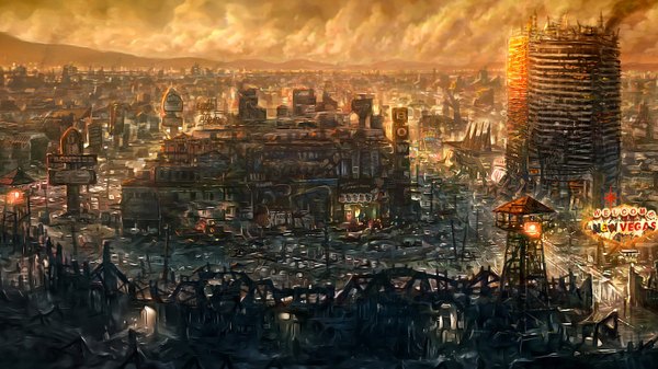 Anime picture 1920x1080 with fallout highres wide image cloud (clouds) city evening sunset cityscape scenic ruins building (buildings)