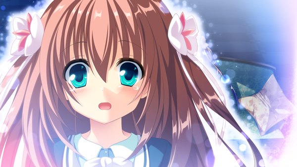 Anime picture 2560x1440 with cocoro@function! hasugase mina long hair looking at viewer blush highres open mouth blue eyes brown hair wide image game cg tears girl bow hair bow