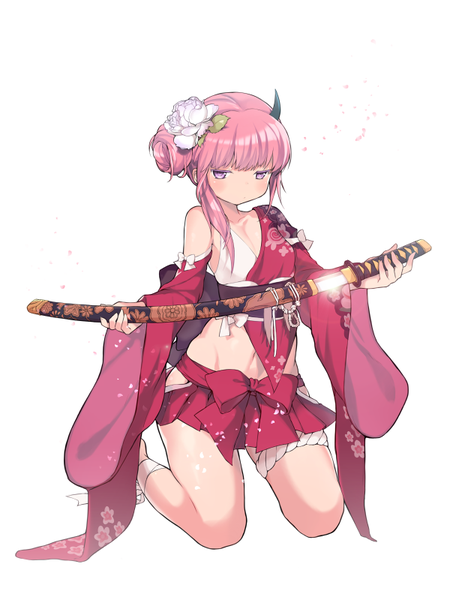 Anime picture 600x800 with original tsuka single long hair tall image looking at viewer blush fringe light erotic simple background white background bare shoulders holding pink hair bent knee (knees) long sleeves traditional clothes japanese clothes pleated skirt pink eyes