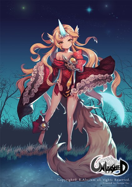 Anime picture 700x991 with unleashed r.alnilam single tall image blonde hair yellow eyes tail very long hair animal tail night night sky legs girl clothes