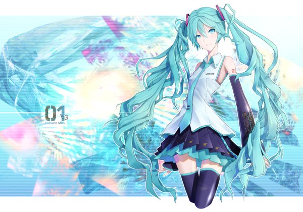 Anime picture 1400x980 with vocaloid hatsune miku magzz (artist) single looking at viewer twintails very long hair aqua eyes aqua hair zettai ryouiki girl thighhighs skirt detached sleeves necktie