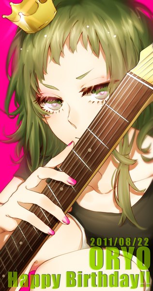 Anime picture 1054x2000 with vocaloid gumi ohagi (ymnky) single tall image short hair simple background green eyes nail polish green hair inscription pink background pink nail polish girl crown musical instrument guitar mini crown
