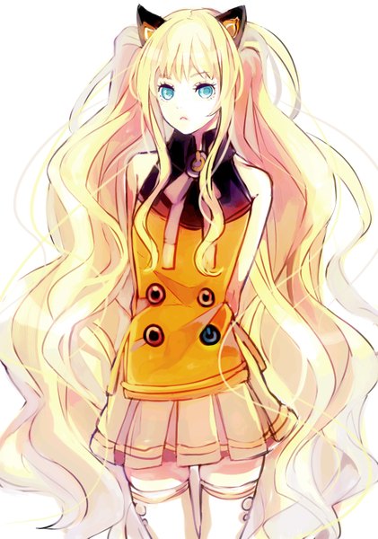Anime picture 1158x1649 with vocaloid seeu vient single long hair tall image blue eyes simple background blonde hair white background bare shoulders animal ears cat ears wavy hair hands behind back girl thighhighs white thighhighs