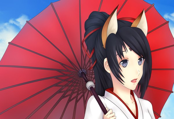 Anime picture 2250x1550 with original lchrno single long hair highres open mouth black hair purple eyes animal ears sky cloud (clouds) mole mole under mouth girl umbrella oriental umbrella