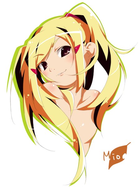 Anime picture 1125x1500 with kami nomi zo shiru sekai aoyama mio single long hair tall image blush simple background blonde hair white background twintails bare shoulders brown eyes face girl hair ornament hairclip
