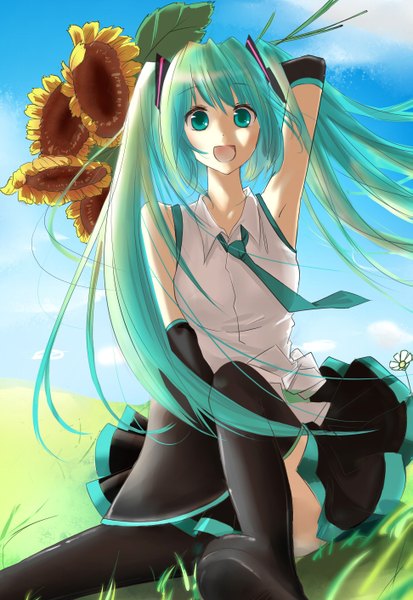 Anime picture 1942x2816 with vocaloid hatsune miku clouble single tall image highres open mouth smile sitting twintails sky cloud (clouds) very long hair aqua eyes aqua hair girl skirt flower (flowers) detached sleeves necktie