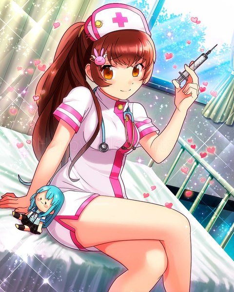 Anime picture 800x1000 with original ensemble girls (artist) single long hair tall image looking at viewer red eyes brown hair sitting ponytail crossed legs nurse girl heart bed nurse cap syringe hospital