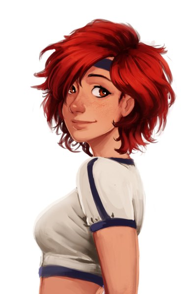 Anime picture 800x1253 with carlos eduardo single tall image short hair simple background red eyes white background looking away red hair light smile girl t-shirt