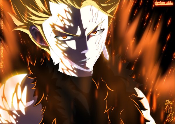 Anime picture 4000x2832 with fairy tail sting eucliffe ricardonamikaze single highres short hair blonde hair absurdres orange eyes coloring magic portrait light boy earrings fur