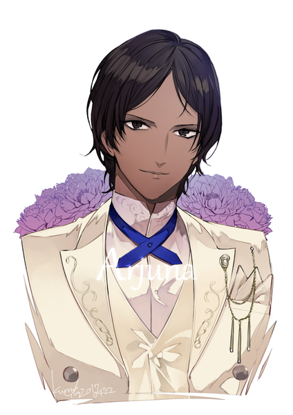 Anime picture 1000x1416 with fate (series) fate/grand order arjuna (fate) kurono yuu single tall image looking at viewer short hair black hair signed light smile black eyes character names dark skin dated portrait boy flower (flowers) suit