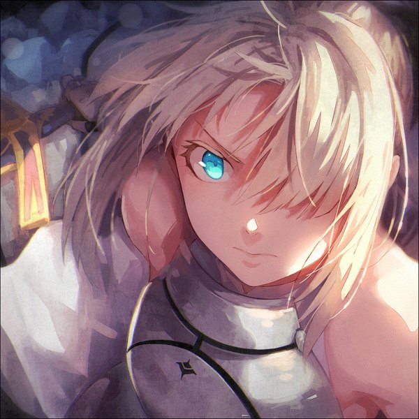 Anime picture 900x900 with fate (series) fate/stay night fate/unlimited codes artoria pendragon (all) saber saber lily hakusai (tiahszld) single looking at viewer fringe short hair blonde hair bare shoulders holding upper body ahoge aqua eyes hair over one eye shadow serious