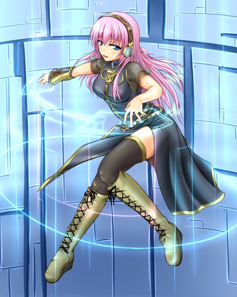 Anime picture 2102x2624 with vocaloid megurine luka moonlight (base) single long hair tall image highres blue eyes smile pink hair girl thighhighs detached sleeves headphones