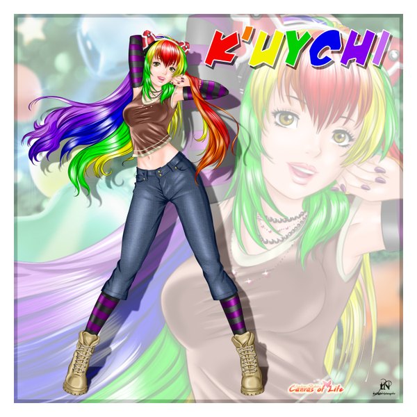 Anime picture 3000x3000 with canvas of life (manga) thenightwishmaster single long hair looking at viewer fringe highres breasts blonde hair yellow eyes blue hair purple hair red hair nail polish multicolored hair fingernails green hair orange hair bare belly girl