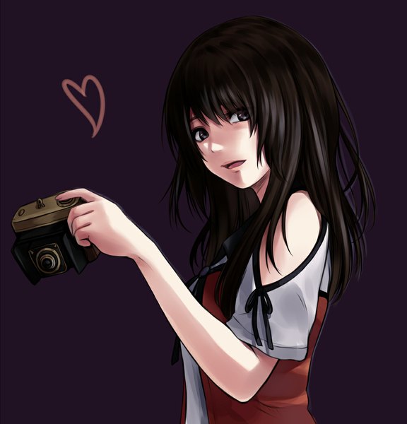 Anime picture 1000x1043 with fatal frame fatal frame 5 kozukata yuuri suzushiro yukari single long hair tall image looking at viewer open mouth black hair simple background black eyes girl heart camera