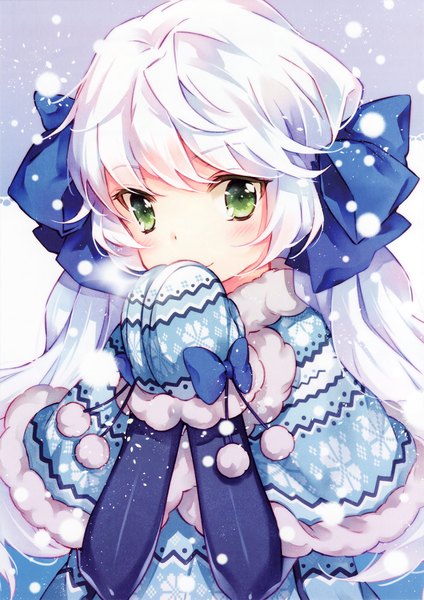 Anime picture 2857x4039 with mottsun single long hair tall image looking at viewer blush highres green eyes white hair scan fur trim snowing snow exhalation hands clasped girl gloves ribbon (ribbons) hair ribbon fur