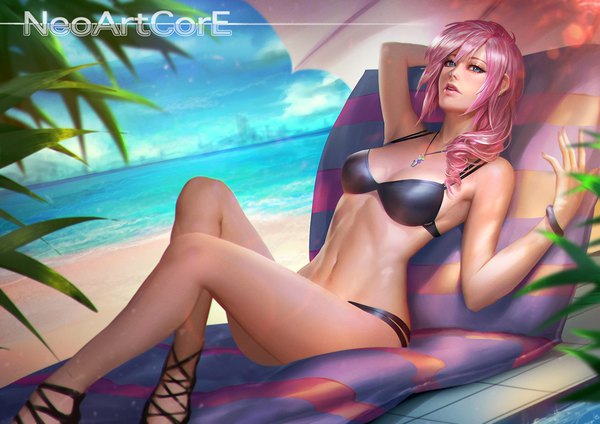 Anime picture 1000x707 with final fantasy final fantasy xiii square enix lightning farron nudtawut thongmai single long hair looking at viewer fringe breasts blue eyes light erotic bare shoulders pink hair arm up lips realistic dutch angle beach drill hair