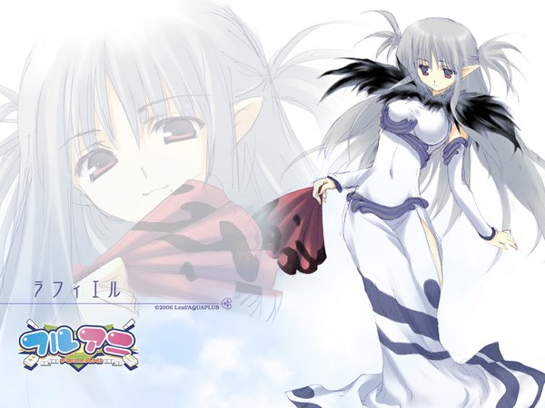 Anime picture 1024x768 with fullani raphael (fullani) mitsumi misato single long hair red eyes looking away grey hair official art two side up copyright name character names covered navel side slit girl dress detached sleeves