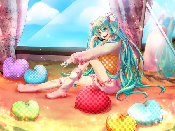 Anime picture 1600x1200 with vocaloid hatsune miku ailala (artist) single blush open mouth smile sitting twintails very long hair aqua eyes aqua hair girl bow ribbon (ribbons) hair ribbon socks shorts window heart