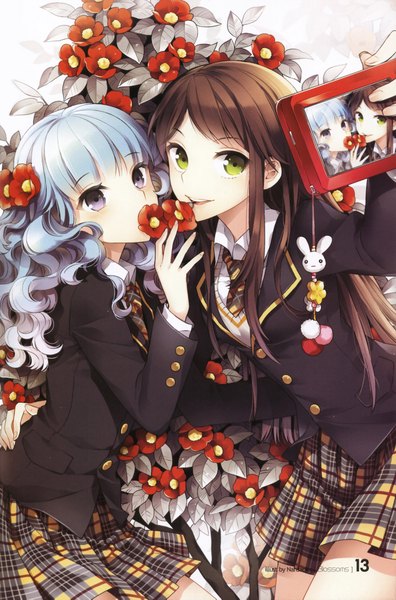 Anime picture 1380x2091 with original nardack long hair tall image fringe smile brown hair purple eyes multiple girls green eyes blue hair lying scan hug plaid skirt girl uniform flower (flowers) 2 girls school uniform