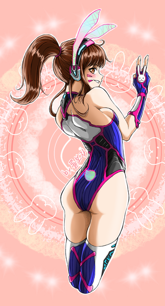 Anime picture 768x1423 with overwatch blizzard entertainment d.va (overwatch) lolboja single long hair tall image looking at viewer fringe breasts light erotic smile brown hair bare shoulders brown eyes signed animal ears ass ponytail tail