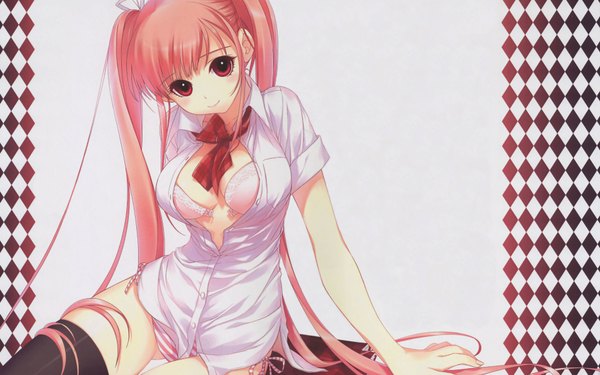 Anime picture 1920x1200 with shirahane nao long hair highres breasts light erotic red eyes wide image twintails pink hair very long hair open clothes open shirt striped thighhighs underwear panties shirt lingerie bra striped panties