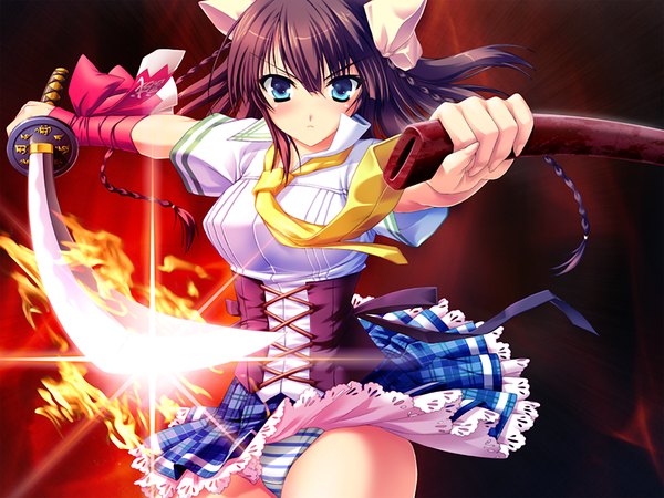 Anime picture 1024x768 with moekoi ishin! (game) long hair blue eyes light erotic brown hair game cg braid (braids) girl underwear panties weapon sword katana flame