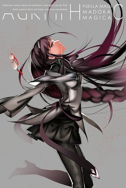 Anime picture 800x1191 with mahou shoujo madoka magica shaft (studio) akemi homura kaninnvven single tall image looking at viewer black hair simple background purple eyes very long hair profile grey background copyright name kneeling text spread arms english girl weapon