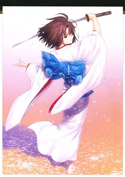 Anime picture 4237x5991 with kara no kyoukai type-moon ryougi shiki takeuchi takashi single tall image looking at viewer fringe highres short hair brown hair standing holding brown eyes absurdres long sleeves traditional clothes japanese clothes looking back barefoot