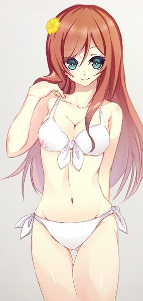 Anime picture 476x1000 with mobile suit gundam gundam build fighters sunrise (studio) kamiki mirai itsumi1021 single long hair tall image looking at viewer blue eyes light erotic simple background smile brown hair hair flower grey background ass visible through thighs girl hair ornament flower (flowers)