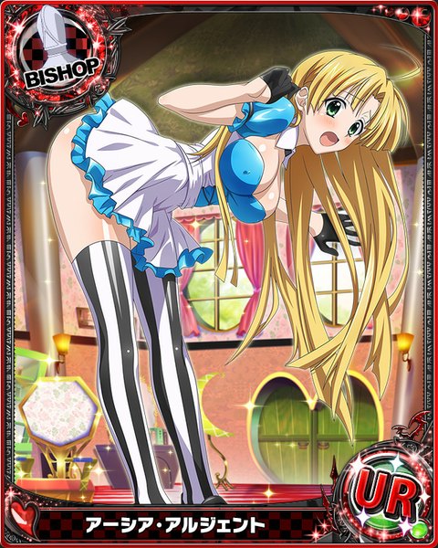 Anime picture 640x800 with highschool dxd asia argento single long hair tall image looking at viewer blush breasts open mouth light erotic blonde hair green eyes card (medium) girl thighhighs dress gloves black gloves striped thighhighs