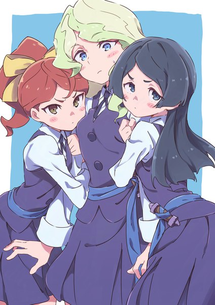 Anime picture 1240x1754 with little witch academia studio trigger diana cavendish barbara parker hanna england tama (tama-s) long hair tall image blush blue eyes black hair blonde hair brown hair multiple girls brown eyes ponytail blue background grabbing girl uniform