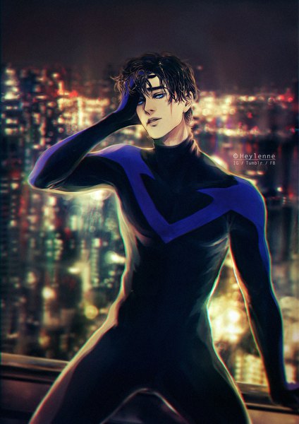 Anime picture 710x1004 with batman dc comics nightwing heylenne single tall image looking at viewer short hair open mouth blue eyes black hair sitting signed parted lips lips blurry night arm support night sky city