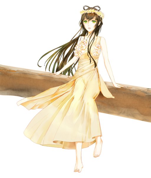 Anime picture 1240x1454 with vocaloid vocaloid china luo tianyi jiaoshouwen single long hair tall image simple background brown hair white background green eyes girl dress hair ornament flower (flowers)