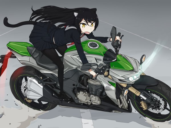 Anime picture 1280x960 with original razi single long hair open mouth black hair animal ears yellow eyes tail animal tail cat ears cat girl cat tail girl uniform serafuku motorcycle