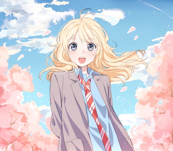 Anime picture 800x700 with shigatsu wa kimi no uso a-1 pictures miyazono kaori mery (yangmalgage) single long hair looking at viewer blush open mouth blonde hair sky cloud (clouds) upper body ahoge :d wind grey eyes cherry blossoms hands behind back spring