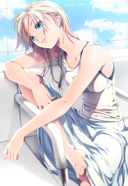 Anime picture 829x1200 with original rezi single long hair tall image blue eyes blonde hair bare shoulders looking away barefoot girl dress headphones sundress