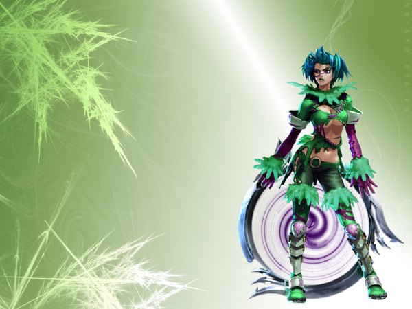 Anime picture 1600x1200 with soulcalibur soulcalibur v soulcalibur iii tira (soulcalibur) kawano takuji single short hair breasts standing purple eyes blue hair looking away full body multicolored hair aqua hair mole tattoo mole under eye torn clothes underboob