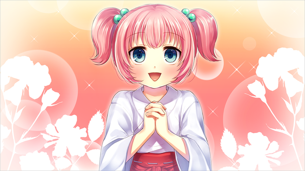 Anime picture 1280x720 with ayame no machi to ohimesama kazuharu kina blush short hair open mouth blue eyes wide image twintails pink hair game cg traditional clothes japanese clothes short twintails girl hair ornament kimono hair tie hair bobbles