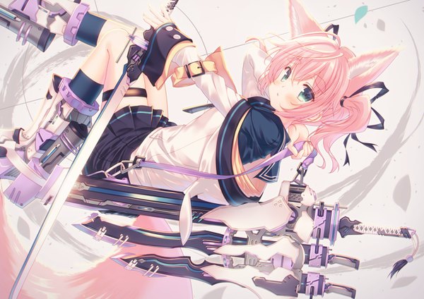 Anime picture 1228x868 with original misaki yuu (dstyle) single looking at viewer blush fringe short hair hair between eyes twintails animal ears pink hair tail animal tail looking back aqua eyes fox ears fox tail fox girl short twintails girl