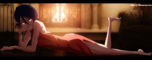 Anime picture 1280x506 with bleach studio pierrot kuchiki rukia airest27 single short hair black hair wide image purple eyes looking away arm support legs coloring on stomach girl dress fire armchair fireplace
