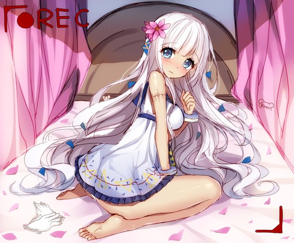 Anime picture 2770x2298 with warship girls r south dakota (warship girls r) bison cangshu single long hair looking at viewer blush fringe highres blue eyes light erotic sitting bare shoulders signed payot full body white hair indoors blunt bangs head tilt
