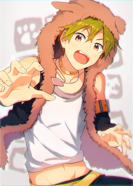 イラスト 600x840 と アイドルマスター アイドルマスターSideM akiyama hayato まっぷ ソロ 長身像 カメラ目線 前髪 短い髪 開いた口 hair between eyes 肩出し 茶目 upper body green hair 鼠蹊部 animal hood 男性 チョーカー フード