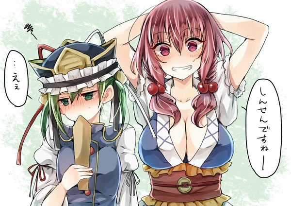 Anime picture 1000x708 with touhou onozuka komachi shikieiki yamaxanadu mimoto (aszxdfcv) looking at viewer short hair breasts red eyes large breasts twintails multiple girls green eyes looking away cleavage red hair braid (braids) green hair twin braids short twintails alternate hairstyle