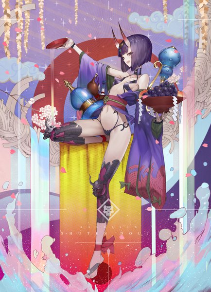 Anime picture 772x1066 with fate (series) fate/grand order shuten douji (fate) mins (minevi) single tall image fringe short hair breasts light erotic purple eyes purple hair full body bent knee (knees) traditional clothes japanese clothes horn (horns) copyright name character names oni horns