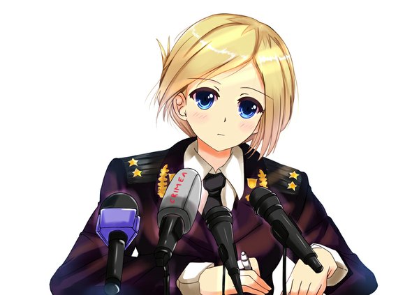 Anime picture 1024x723 with real life natalia poklonskaya single looking at viewer blush short hair blue eyes simple background white background sitting holding girl uniform shirt necktie military uniform microphone pen