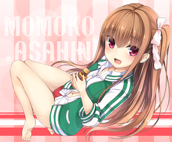 Anime picture 1302x1075 with girlfriend (kari) asahina momoko kaguyuu single long hair looking at viewer blush open mouth light erotic brown hair holding bent knee (knees) pink eyes barefoot open clothes open jacket bare legs character names one side up open collar