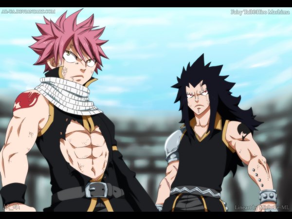 Anime picture 1200x900 with fairy tail natsu dragneel gajeel redfox ar-ua long hair short hair black hair red eyes pink hair sky cloud (clouds) grey eyes tattoo sleeveless piercing coloring torn clothes muscle boy belt