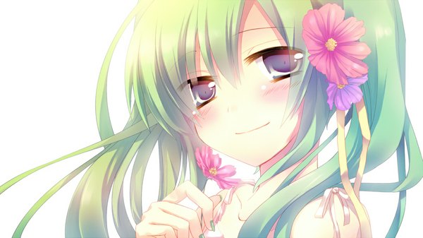 Anime picture 1057x594 with vocaloid hatsune miku amamine single long hair looking at viewer blush blue eyes simple background wide image white background twintails hair flower green hair girl hair ornament flower (flowers) ribbon (ribbons) hair ribbon