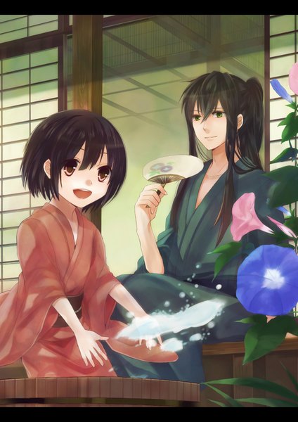 Anime picture 2480x3507 with original toryufu long hair tall image highres short hair open mouth red eyes brown hair green eyes ponytail japanese clothes girl boy flower (flowers) water fan yukata child (children) splashes