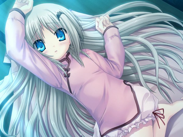 Anime picture 800x600 with little busters! key (studio) noumi kudryavka na-ga single long hair looking at viewer blush open mouth blue eyes light erotic game cg barefoot from above grey hair loli chinese clothes girl hair ornament hairclip